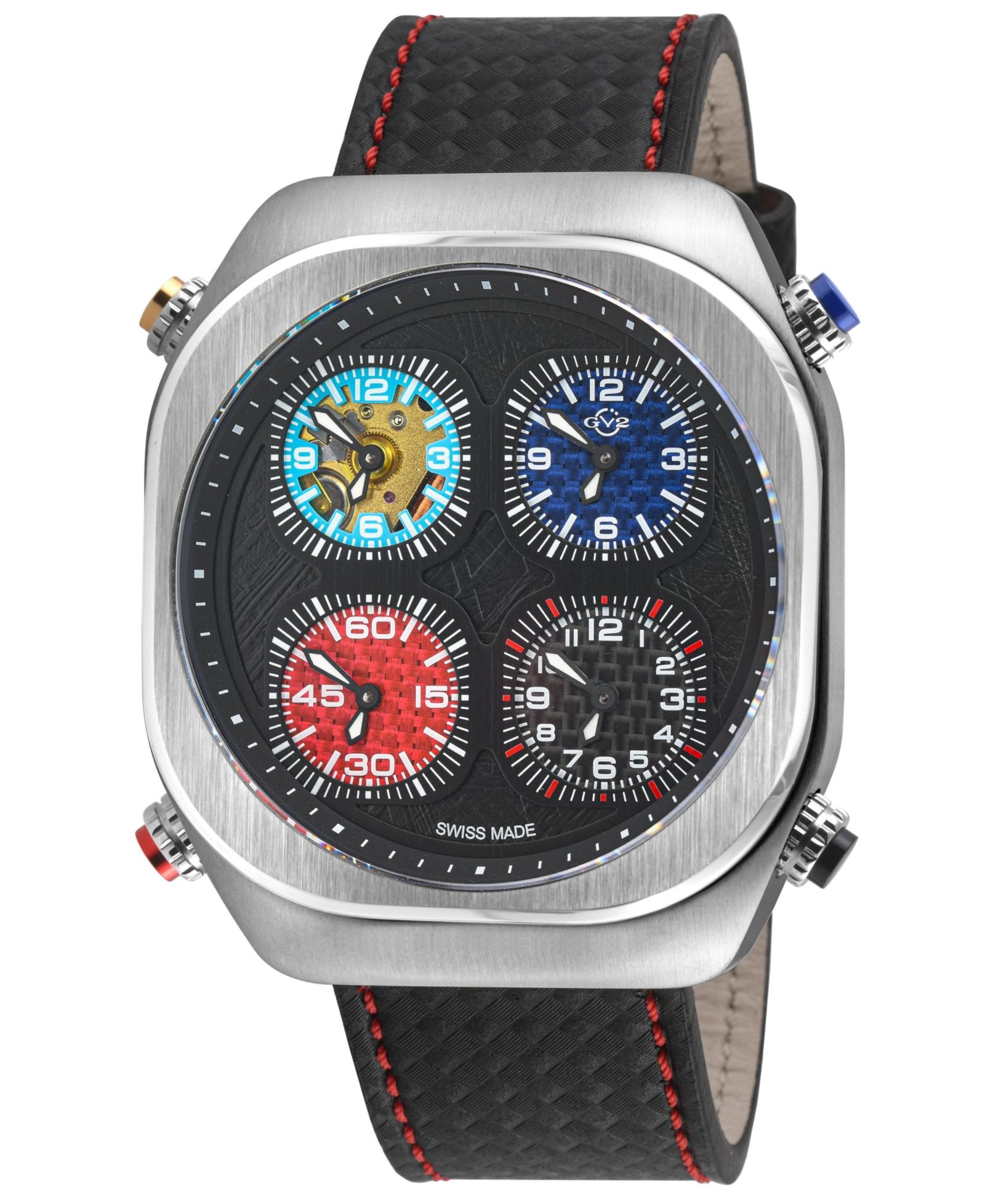 GV2 by Gevril Men's Quattro Swiss Quartz with stitching Leather Strap Watch