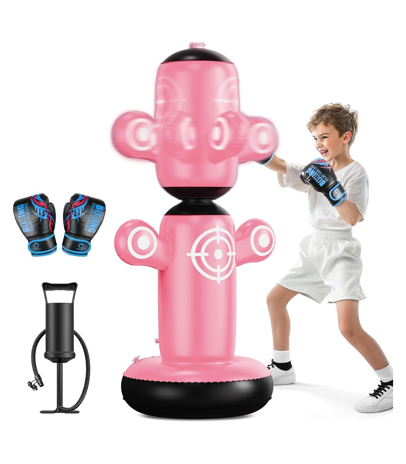 QPAU 360degree(s) Rotatable Punching Bag for Kids, Lager 64” Kids Punching Bag with Gloves, Hand Pump and 6 Targets, Bop Bag Inflatable Punching Toy