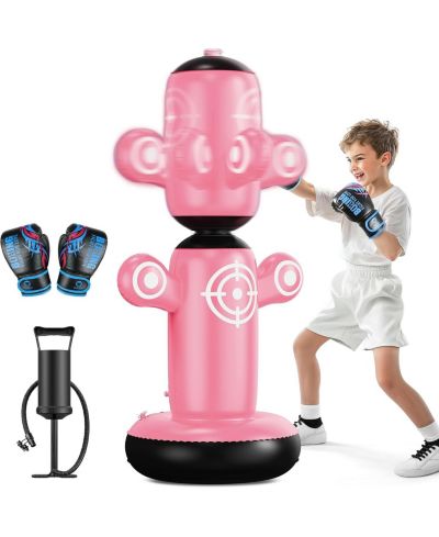 QPAU 360degree(s) Rotatable Punching Bag for Kids, Lager 64” Kids Punching Bag with Gloves, Hand Pump and 6 Targets, Bop Bag Inflatable Punching Toy