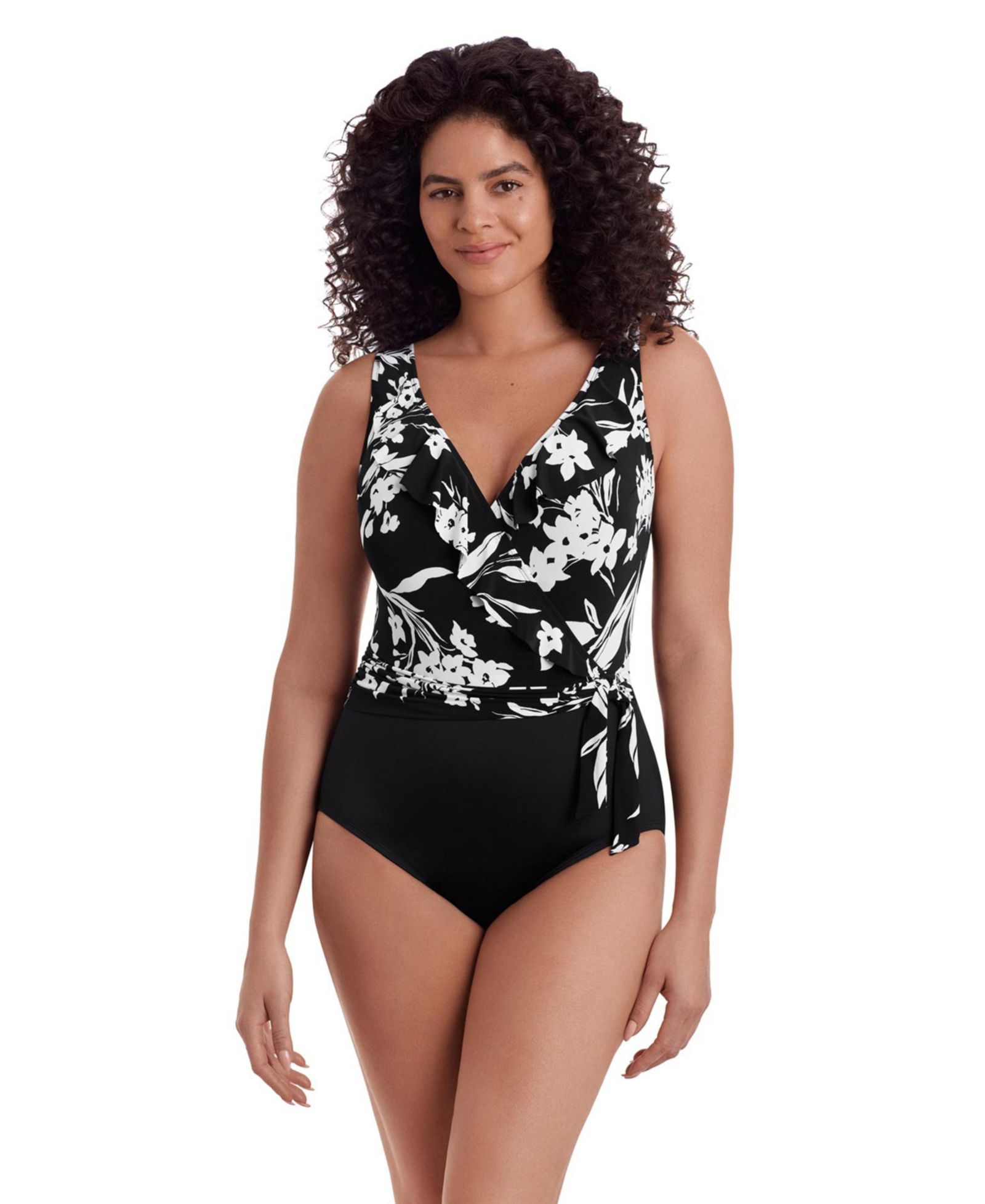 Longitude Women's Ruffle Front Sash Surplice Long Torso One-Piece Swimsuit