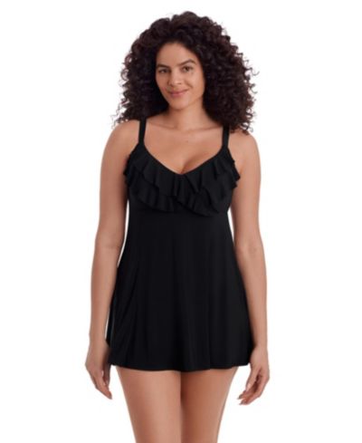 Женское платье Longitude Solid Black Ruffle Front Long Torso Swim Dress
