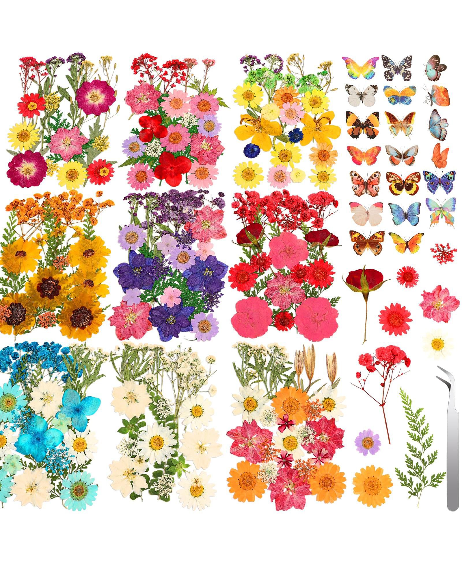 GNUADZ 235 Pcs Pressed Dried Flowers Bulk Dry Molds Candles Diy Art Making Tweezers Butterfly Stickers Set
