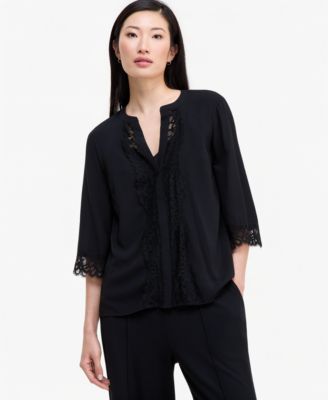 I.N.C. International Concepts Women's V-Neck 3/4-Sleeve Lace-Trim Blouse, Macy's Exclusive