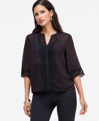 I.N.C. International Concepts Women's Print Lace-Trim Button-Front Blouse, Macy's Exclusive