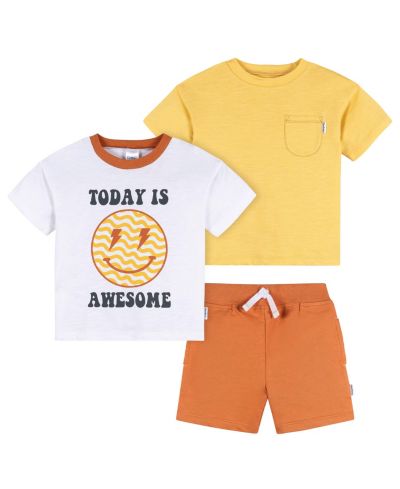 Детский комплект Gerber Baby Boys 3-Piece T-Shirts and Shorts, Awesome Yellow, 18 Months