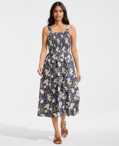 Lands' End Women's Poplin Smocked Bodice Midi Dress