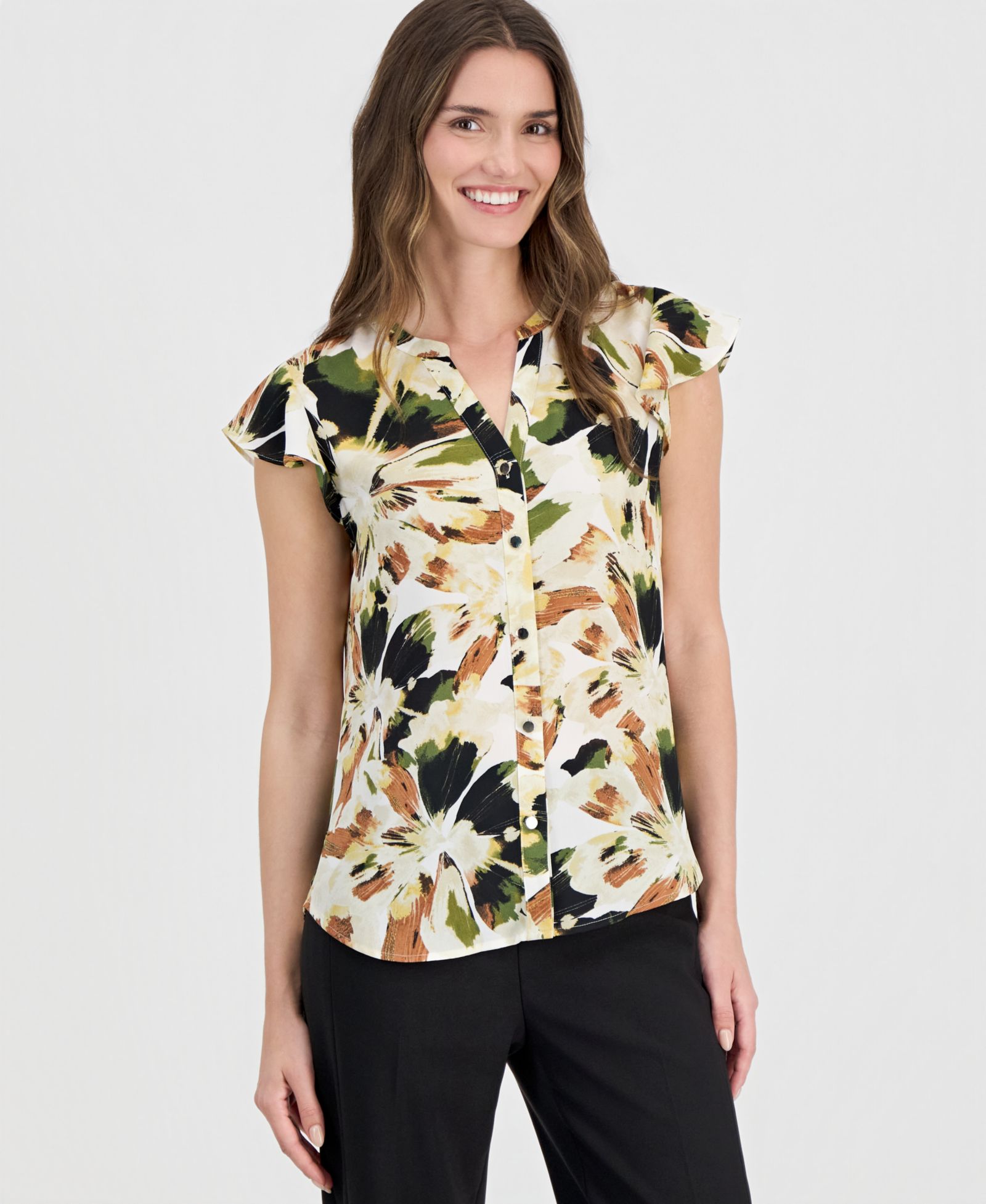 Anne Klein Women's Printed Split-Neck Flutter-Sleeve Blouse