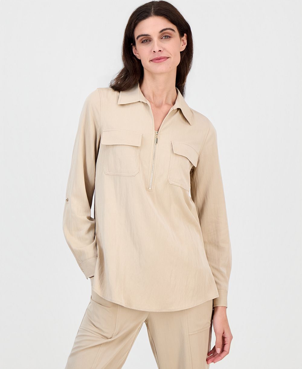 Женский рубашка Anne Klein Collared Half-Zip Roll-Tab