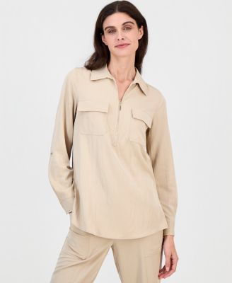Anne Klein Women's Collared Half-Zip Roll-Tab Shirt