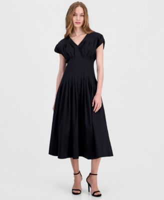 Anne Klein Women's Pleated-Waist V-Neck Midi Dress