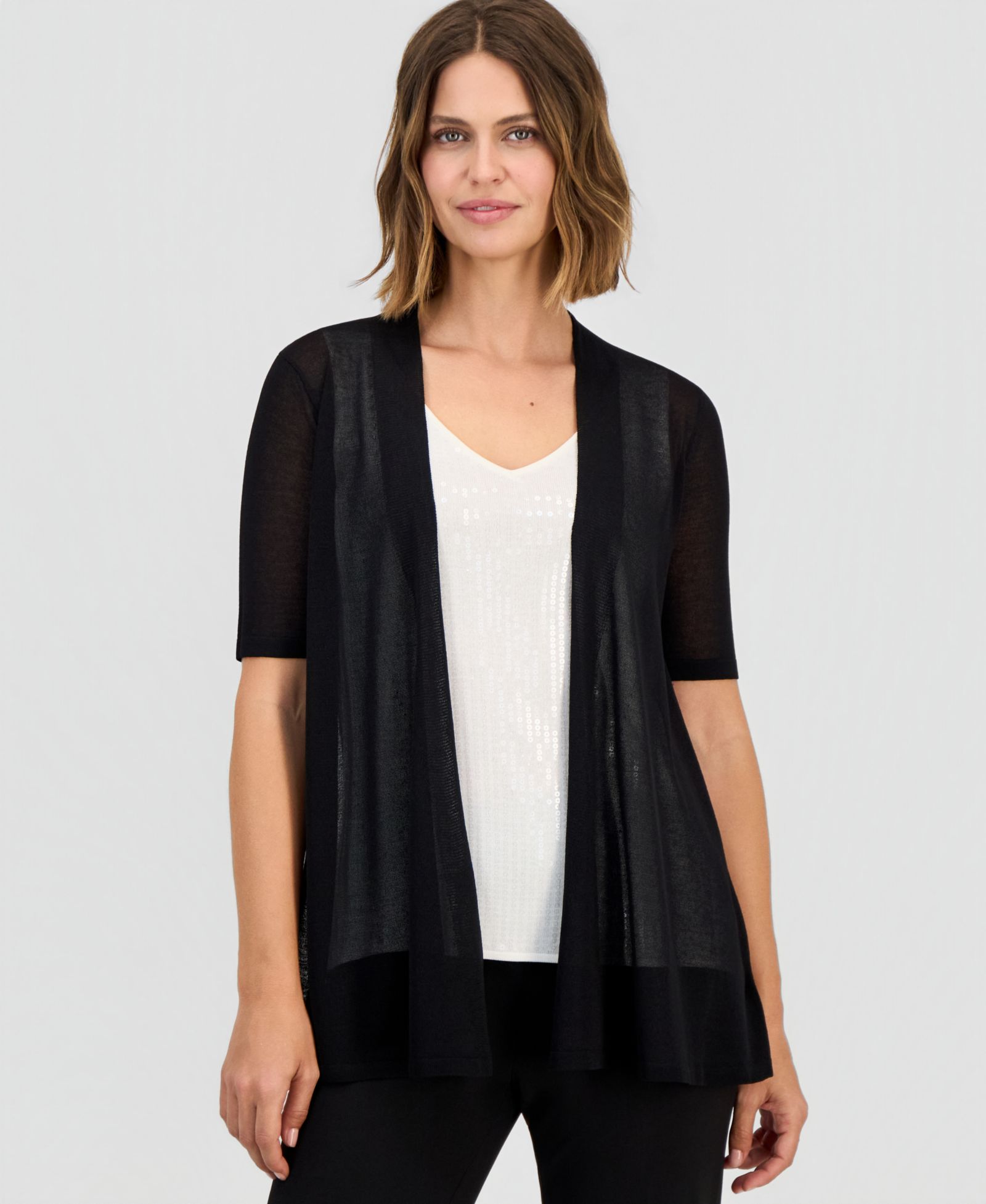 Anne Klein Women's Short-Sleeve Open-Front Semi-Sheer Cardigan
