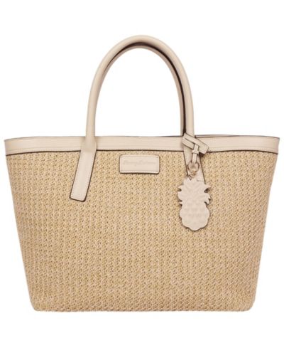 Tommy Bahama Raffia and PU Large Logo Tote - Woven Straw Beach Tote with Pineapple Charm
