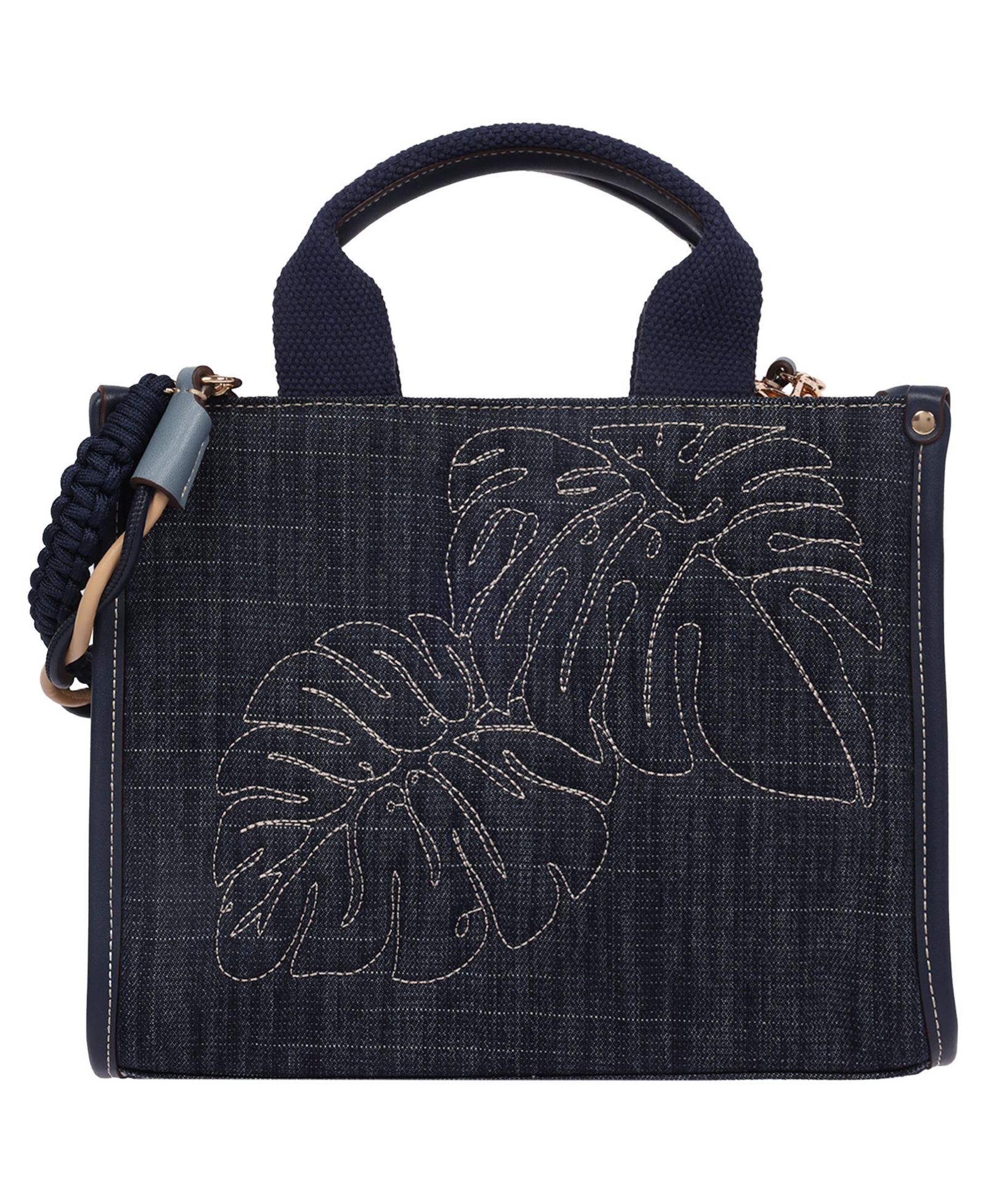 Tommy Bahama Dorothy Medium Denim Tote - Embroidered Leaf Convertible Top Handle and Crossbody Bag