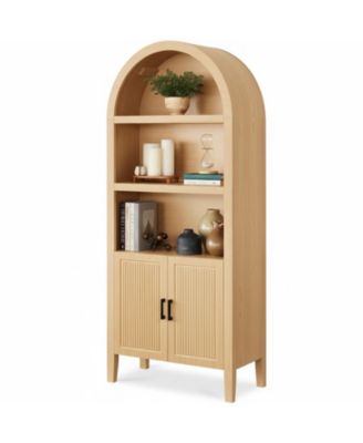 YIGII Tall Arched Pantry Cabinet Reeded Doors 5Tier Adjustable Shelves Bookshelf Storage