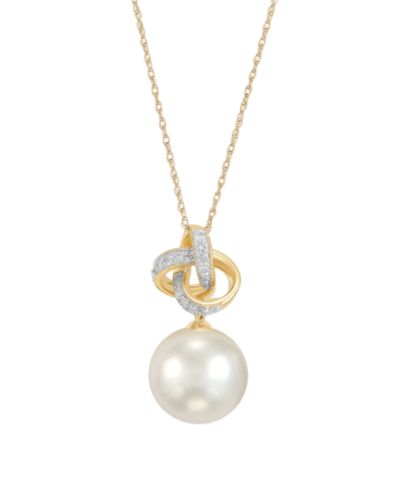 Honora White Ming Pearl (11-12mm) and Diamond (1/10 ct. t.w.) Loveknot Pendant Necklace in 10k Yellow Gold
