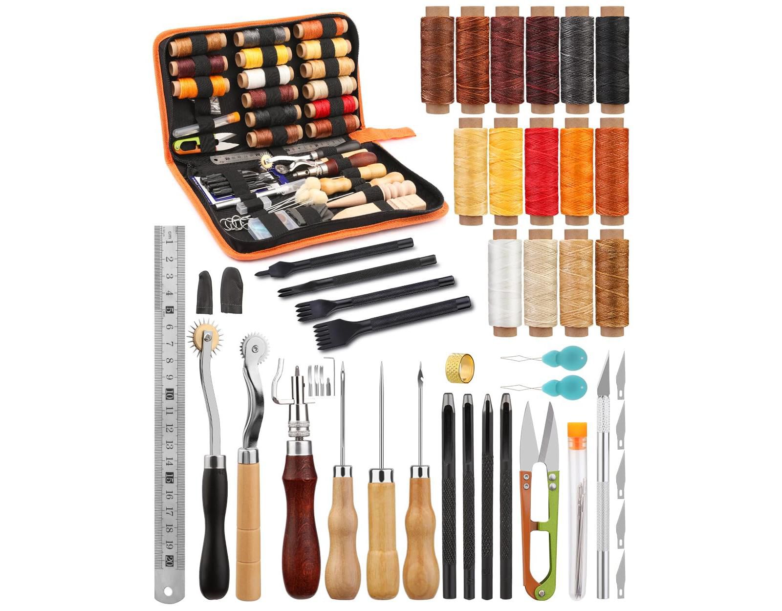GNUADZ 66 Pcs Leather Working Tools Kit Waxed Thread Groover Awl Stitching Punch Hole Beginner Craft Gifts