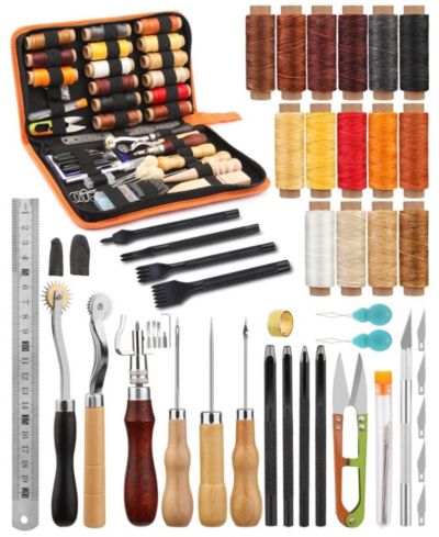 GNUADZ 66 Pcs Leather Working Tools Kit Waxed Thread Groover Awl Stitching Punch Hole Beginner Craft Gifts