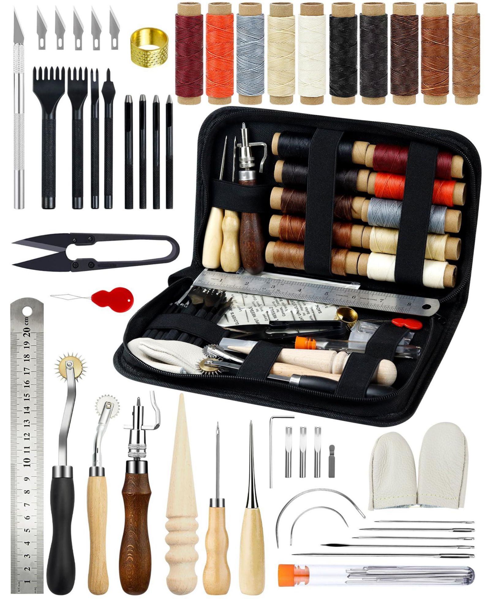 GNUADZ 7-in-1 Leather Working Tools Beginners Kit Waxed Thread Groover Awl Stitching Punch Leathercraft Gifts