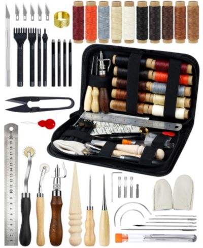 GNUADZ 7-in-1 Leather Working Tools Beginners Kit Waxed Thread Groover Awl Stitching Punch Leathercraft Gifts