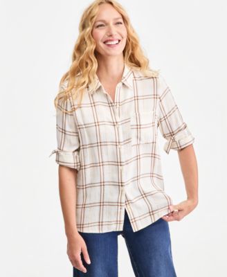 Style & Co Women's Plaid Lurex Button-Up Perfect Shirt, Macy's Exclusive