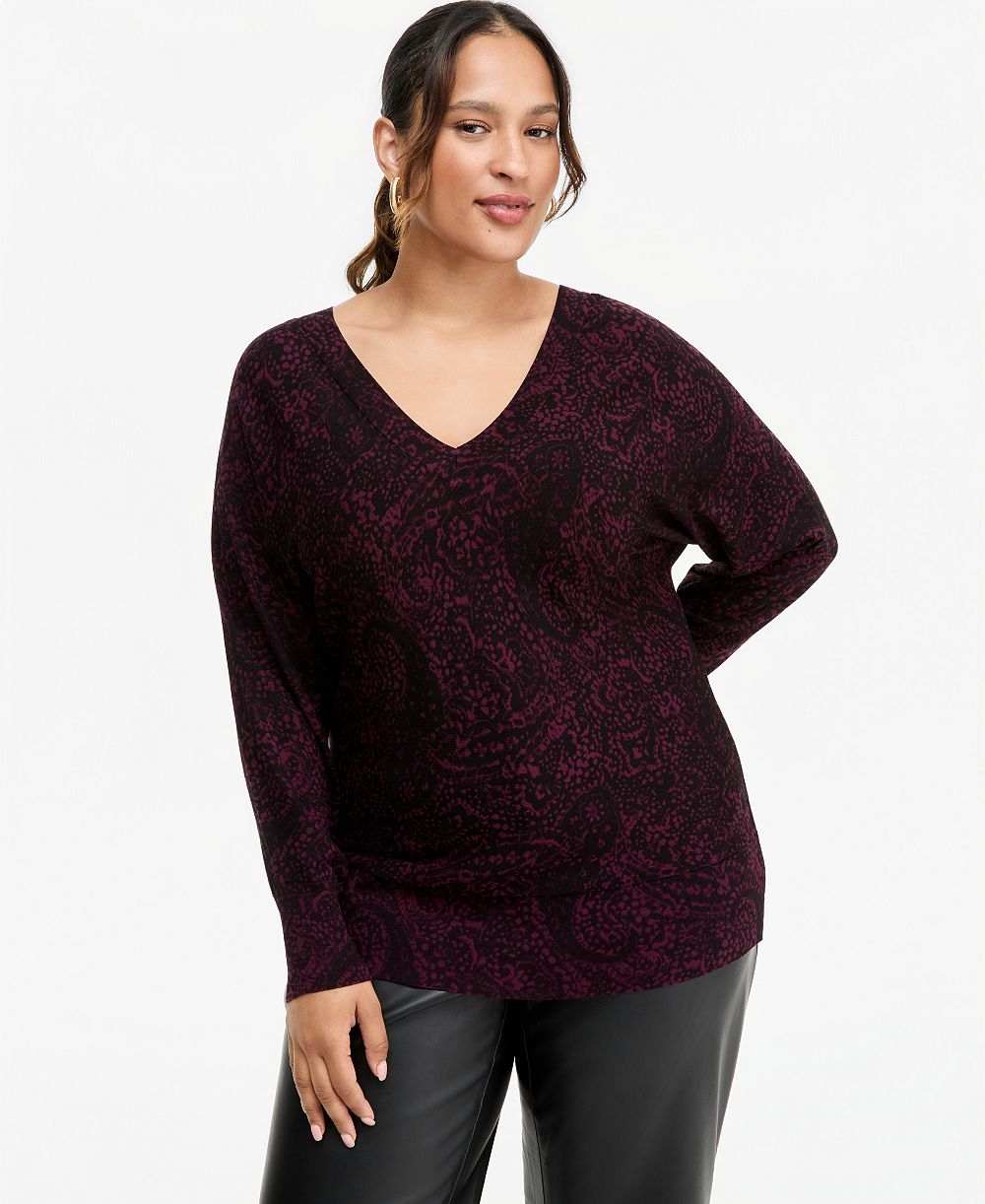 I.N.C. International Concepts Джемпер с V-образным вырезом и длинным рукавом Paisley Plus Size
