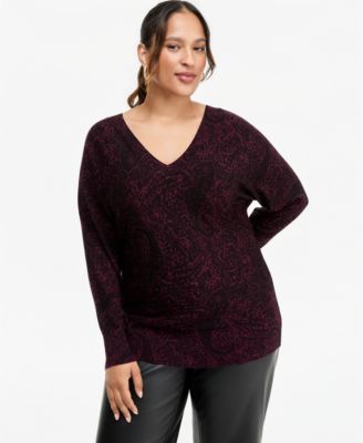 I.N.C. International Concepts Plus Size Paisley V-Neck Long-Sleeve Sweater, Macy's Exclusive
