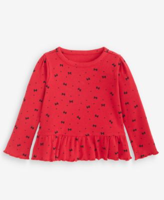 First Impressions Baby Girls' 3M-24M Mix & Match Long-Sleeve Bow-Print Peplum Ribbed Top, Macy's Exclusive