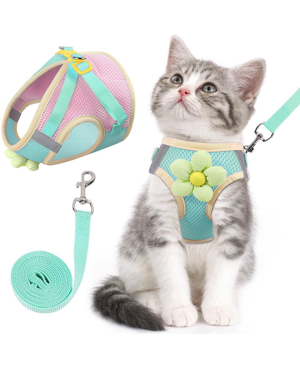 ARONKL Cat Harness Leash Set Escape Proof Adjustable Breathable Mesh Reflective Strips Flower Cute Walking