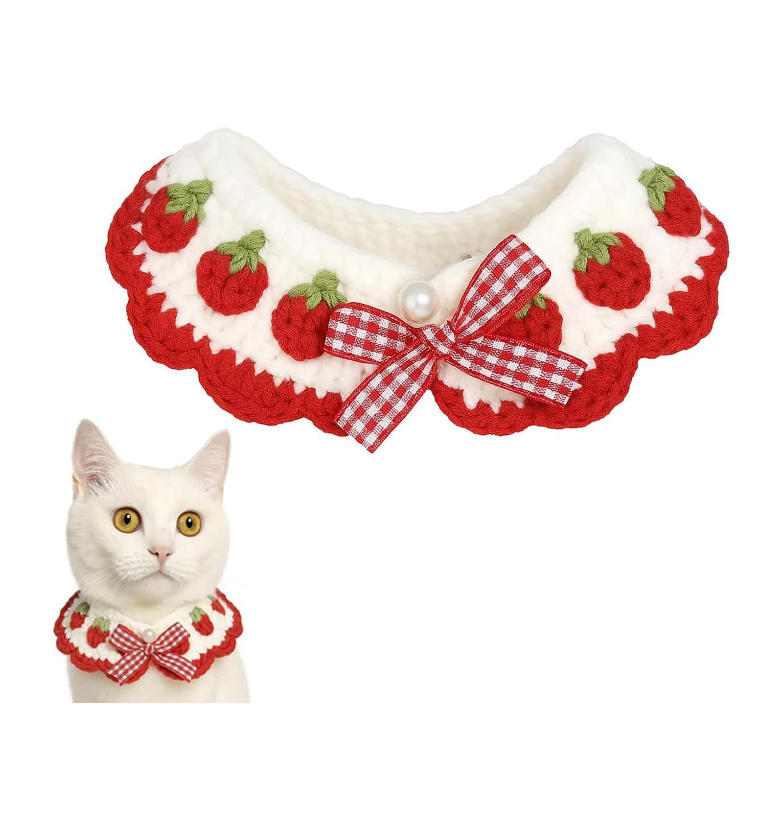 ARONKL Handmade Crocheted Cat Collar Breakaway Cute Strawberry Bow Tie Soft Comfortable Adjustable for Kittens Small Puppies