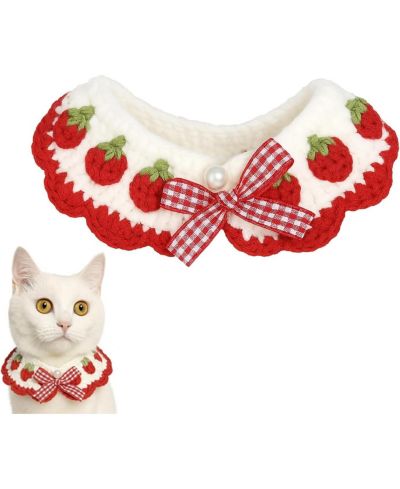 ARONKL Handmade Crocheted Cat Collar Breakaway Cute Strawberry Bow Tie Soft Comfortable Adjustable for Kittens Small Puppies