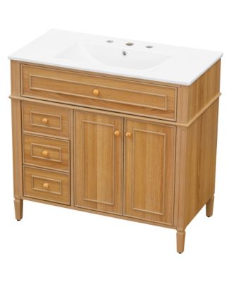 BUSDAYS 36" Solid Wood Bathroom Vanity with Sink, 3 Drawers and 2 Soft-Close Doors, Rubber Wood Handles, MDF Construction