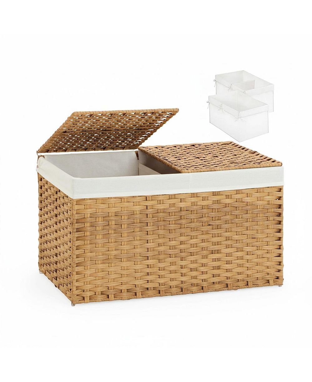 Yigii Storage Basket With Lid Woven Wicker 2 Bins 92 Gallon Foldable Removable Liners For Bedroom Laundry Room