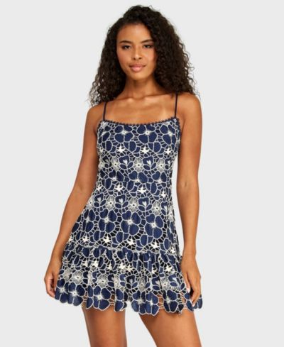 Alex & Sophia Juniors' Scoop Neck Embroidered Voile Dress with Skirt Ruffle and Lace Trim Detail