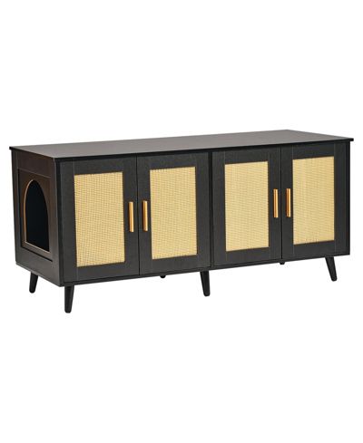 INOLAIT Wooden Cat Litter Box Enclosure for 2 Cats with Rattan Doors
