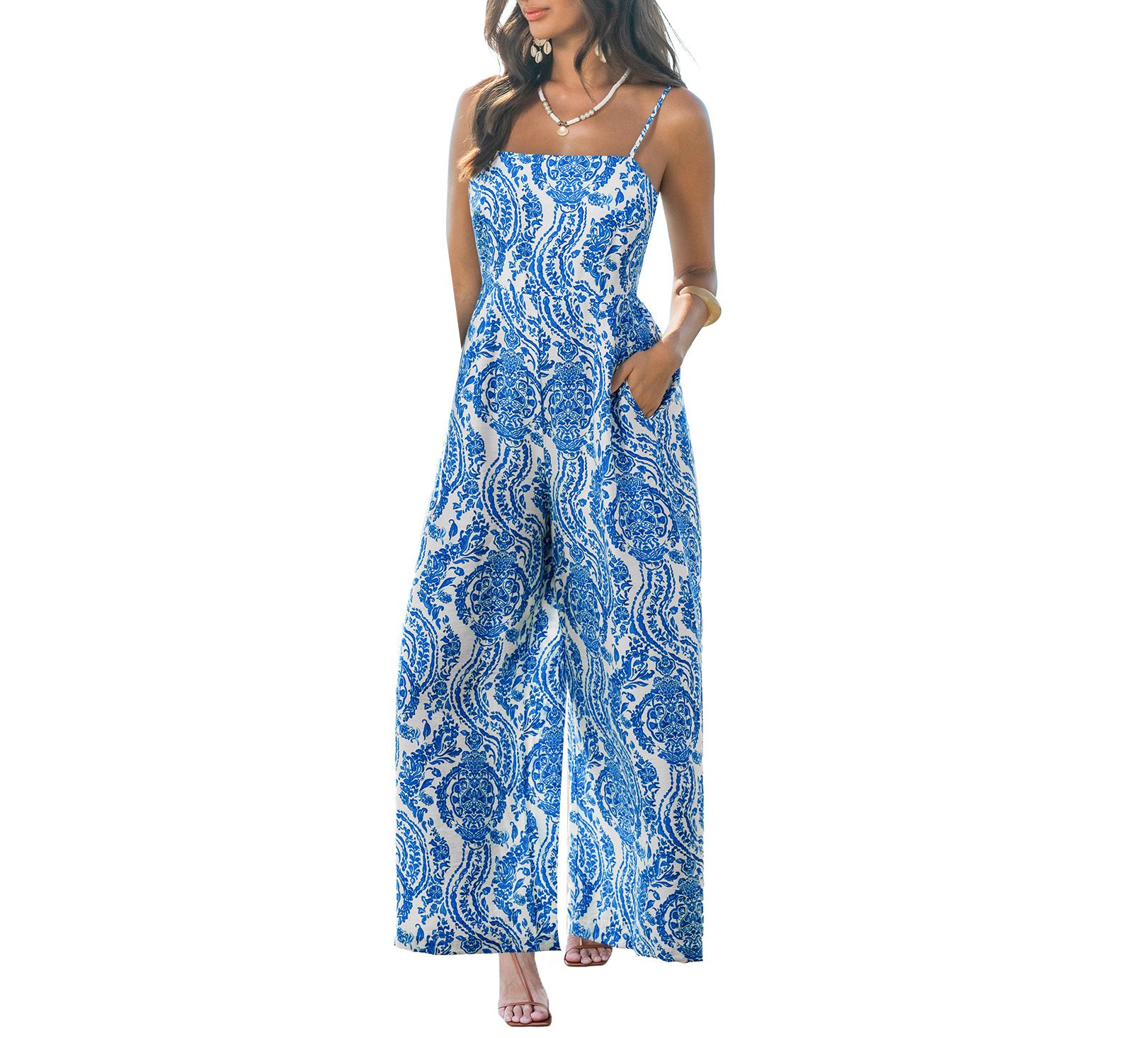 Cupshe Women's Printed Square Neck Wide-Leg Jumpsuit