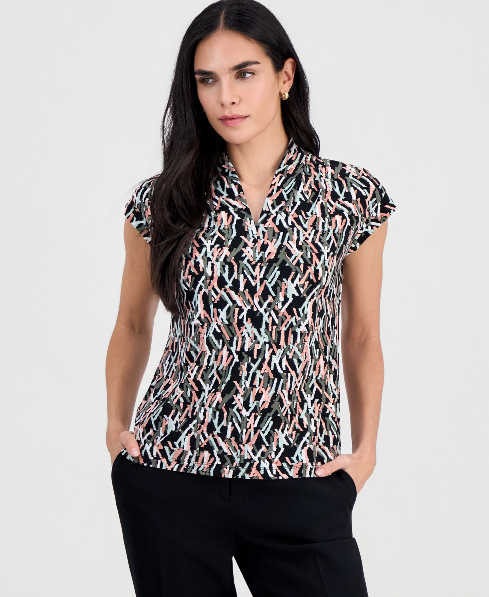 Kasper Блузка Kasper Petite Printed V-Neck Cap-Sleeve