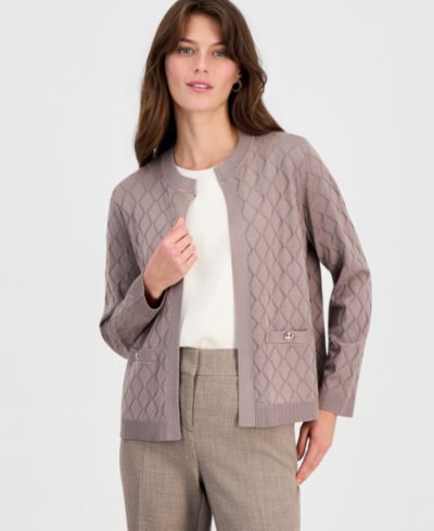 Kasper Petite Kiss-Front Diamond Stitch Cardigan