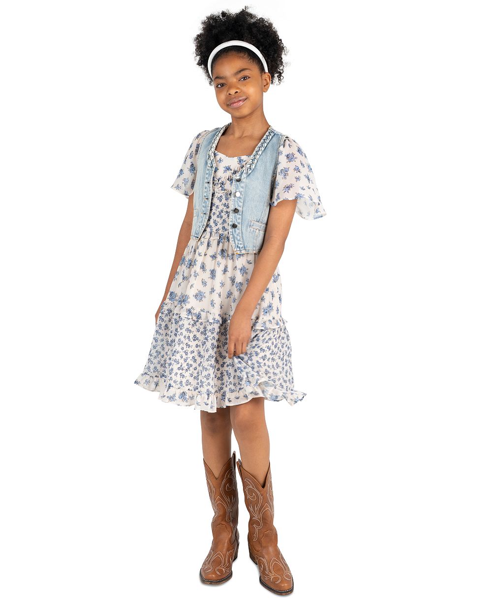 Rare Editions Girls' 7-16 Denim Vest and Twin Printed Chiffon Dress, 2-Piece Set