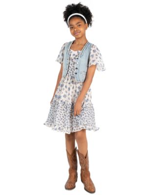 Комплект Rare Editions Girls' 7-16 Denim Vest и Twin Printed Chiffon Dress 2-Piece Set