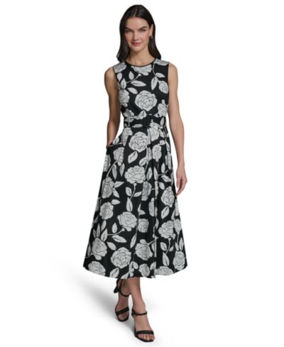 KARL LAGERFELD PARIS Women's Floral Border Print Crew Neck Midi Dress