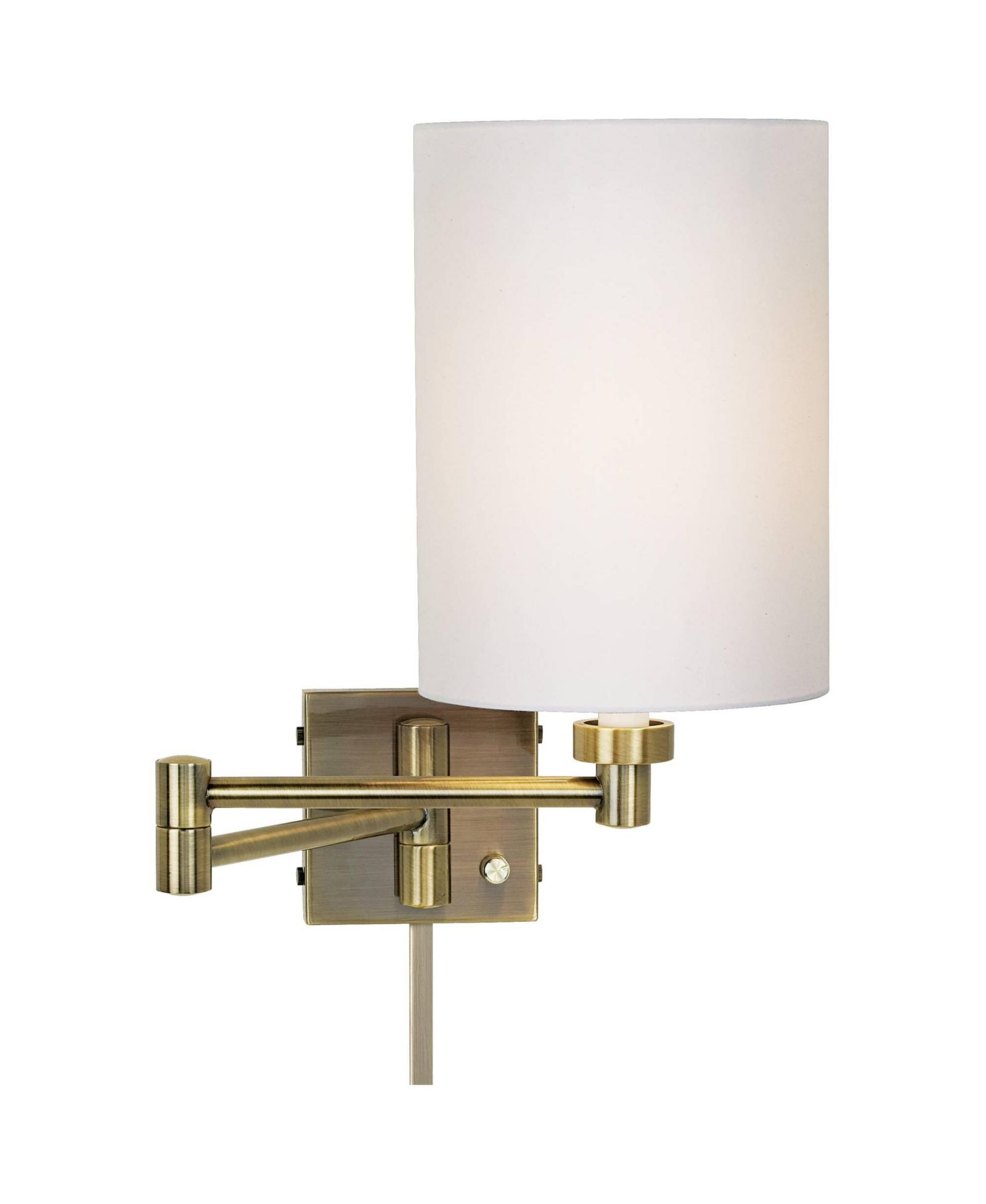 Barnes and Ivy Modern Swing Arm Wall Lamp with Cord Cover Antique Brass Plug-In Light Fixture White Cotton Cylinder Shade Bedroom