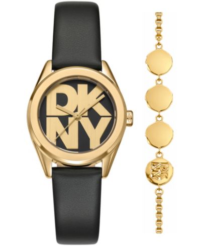 DKNY Women's Logo Quartz Black Leather Strap Watch 28mm Gift Set