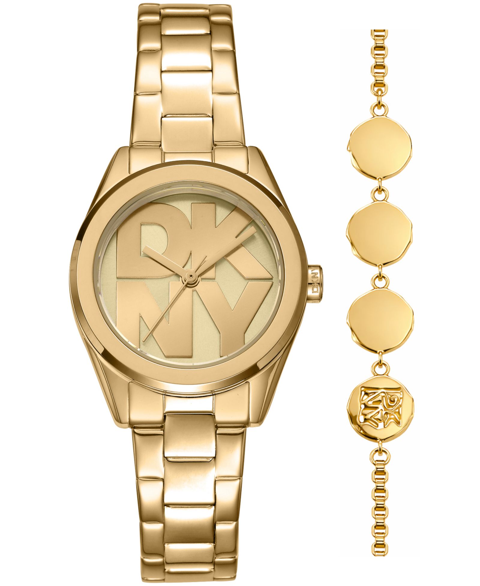 Подарочный набор DKNY Women's Logo Quartz Gold-Tone Stainless Steel Bracelet Watch 28mm