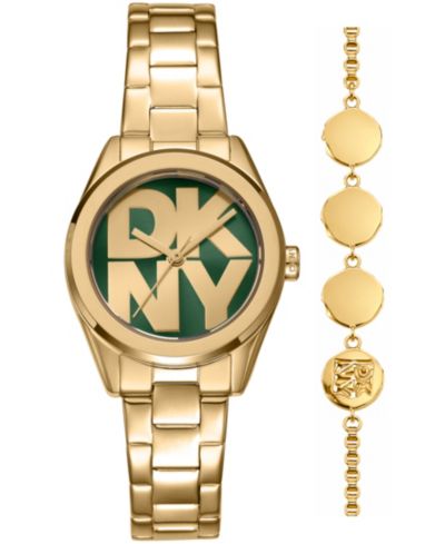 Женские наручные часы DKNY Logo Quartz Gold-Tone Stainless Steel 28mm подарочный набор