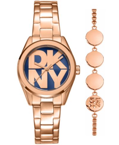 DKNY Women's Logo Quartz Rose Gold-Tone Stainless Steel Bracelet Watch 28mm Gift Set