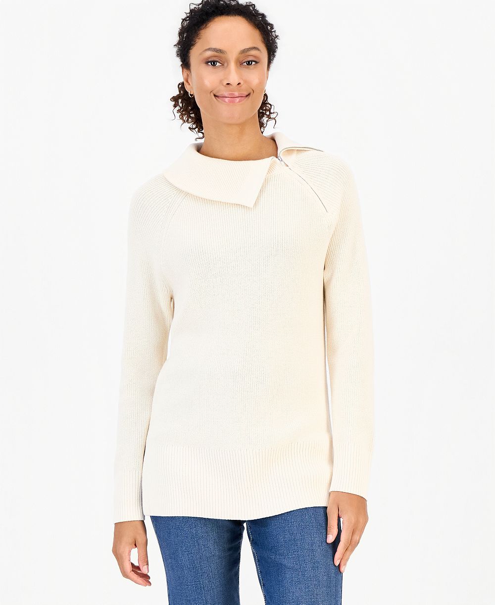 Style & Co Petite High-Neck Zip Cotton Sweater, Macy's Exclusive