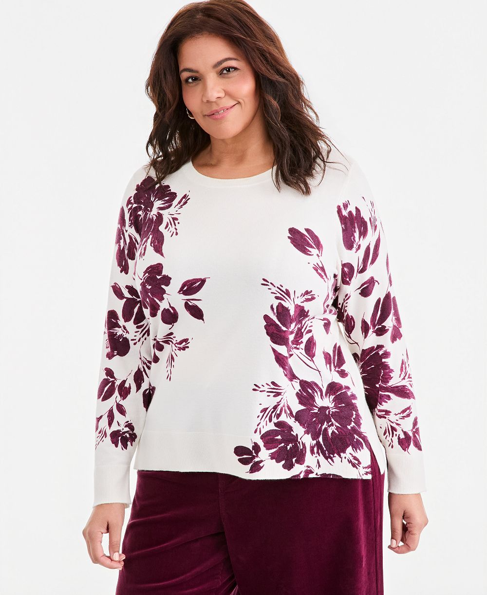 Style & Co Plus Size Printed Crewneck Long-Sleeve Sweater, Macy's Exclusive