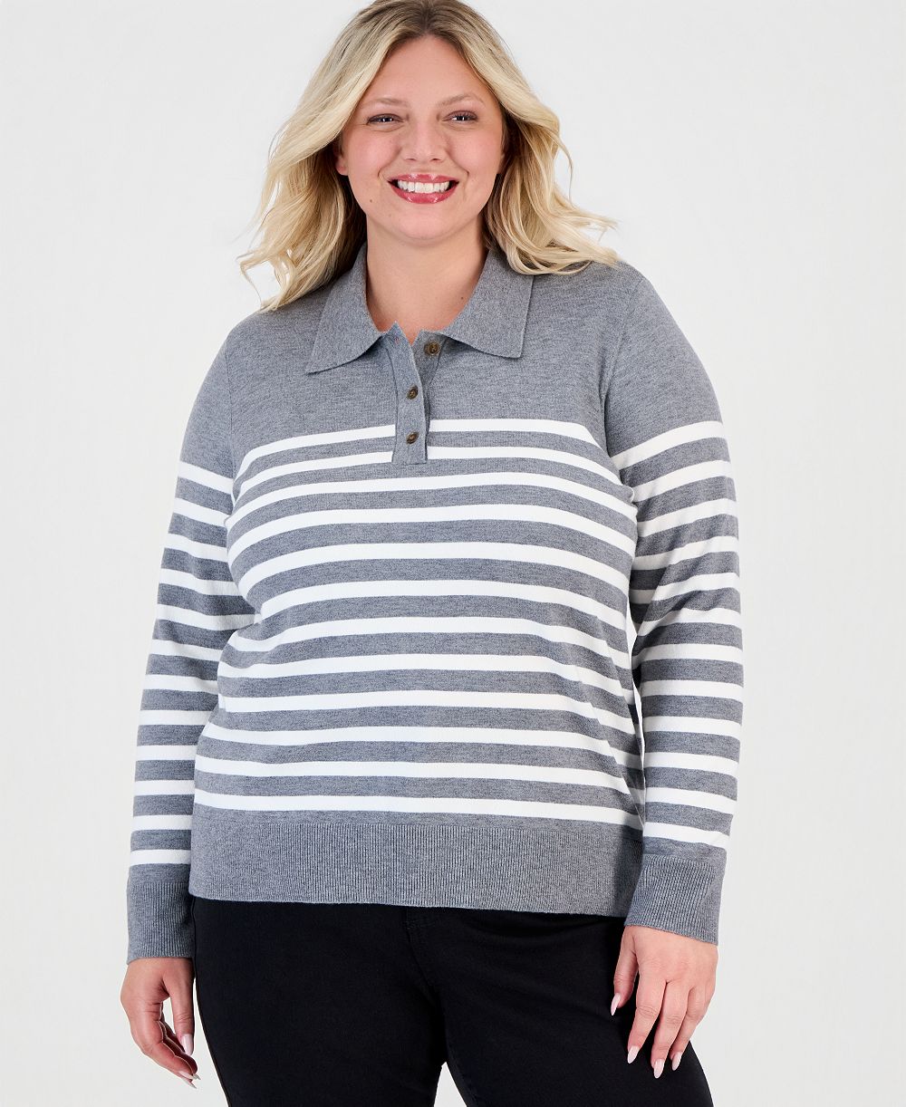 Style & Co Plus Size Striped Long-Sleeve Polo Sweater, Macy's Exclusive