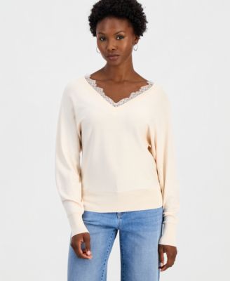 Женский свитер Petite I.N.C. International Concepts Lace Trim Double V-Neck