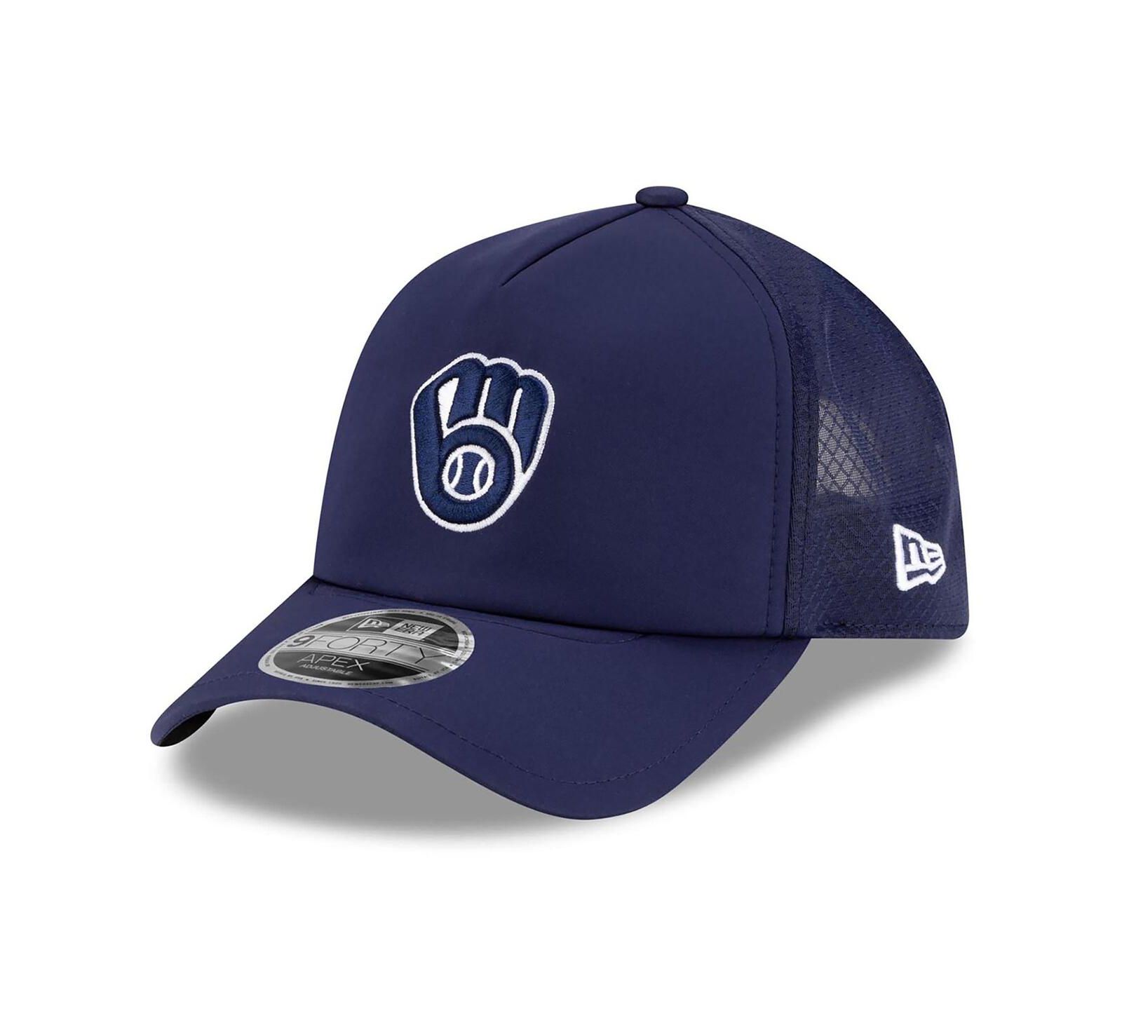 Мужская кепка New Era Milwaukee Brewers 2026 Batting Practice Apex 9FORTY Adjustable Trucker, темно-синяя
